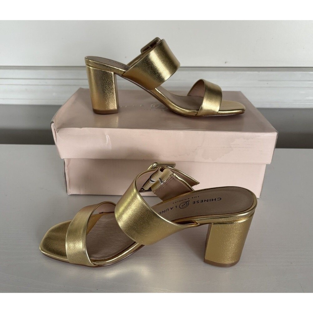 Chinese Laundry Yippy Slide Sandle Gold Block Heel Size 6